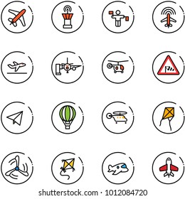 line vector icon set - plane vector, airport tower, traffic controller, radar, departure, boarding passengers, helicopter, side wind road sign, paper fly, air balloon, kite, mill, toy