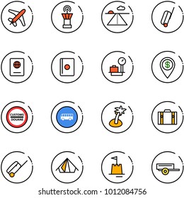 line vector icon set - plane vector, airport tower, runway, suitcase, passport, baggage scales, dollar pin, customs road sign, bus, palm, tent, sand castle, trailer