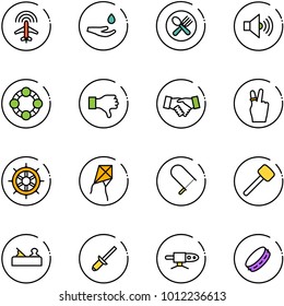 line vector icon set - plane radar vector, drop hand, fork spoon plate, volume max, friends, dislike, agreement, victory, wheel, kite, fretsaw, rubber hammer, jointer, clinch, pipe welding