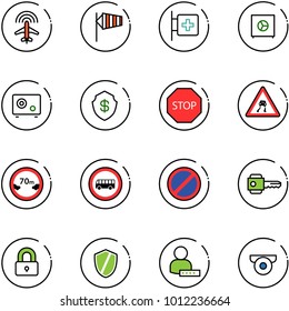 line vector icon set - plane radar vector, side wind, first aid room, safe, stop road sign, slippery, limited distance, no bus, parking, key, locked, shield, user password, surveillance camera
