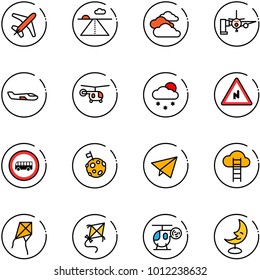 line vector icon set - plane vector, runway, clouds, boarding passengers, small, helicopter, snowfall, abrupt turn right road sign, no bus, moon flag, paper fly, cloud ladder, kite, toy, lamp