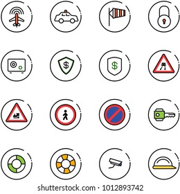 line vector icon set - plane radar vector, safety car, side wind, lock, safe, slippery road sign, railway intersection, no pedestrian, parking, key, lifebuoy, surveillance camera