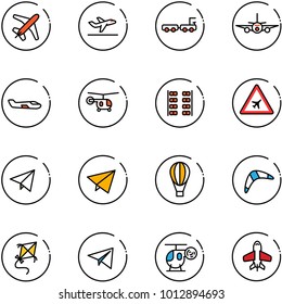 line vector icon set - plane vector, departure, baggage truck, small, helicopter, seats, airport road sign, paper fly, air balloon, boomerang, kite, toy
