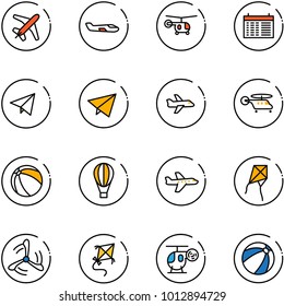 line vector icon set - plane vector, small, helicopter, schedule, paper fly, ball, air balloon, kite, wind mill, toy, beach