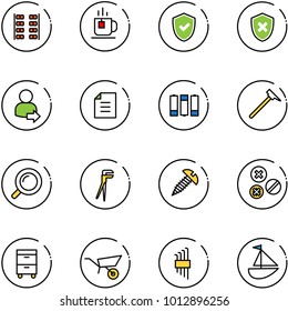 line vector icon set - plane seats vector, tea, shield check, cross, user login, document, battery, mason hammer, magnifier, plumber, screw, rivet, tool cabinet, wheelbarrow, allen key set