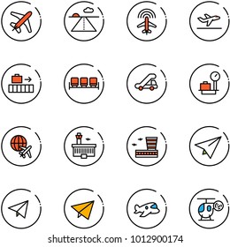line vector icon set - plane vector, runway, radar, departure, baggage, waiting area, trap truck, scales, globe, airport building, paper, fly, toy, helicopter