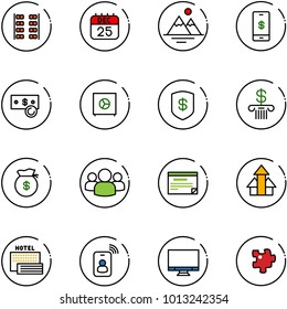line vector icon set - plane seats vector, 25 dec calendar, mountains, mobile payment, cash, safe, bank, money bag, group, schedule, arrows up, sea hotel, identity card, monitor, puzzle
