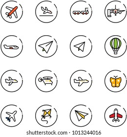 line vector icon set - plane vector, arrival, baggage truck, boarding passengers, small, paper, fly, air balloon, helicopter, butterfly, kite, toy