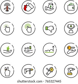line vector icon set - plane radar vector, gloves, investment, wallet, hand touch, cursor, dislike, cup, sproute, growth, key, victory, drill machine, Angular grinder