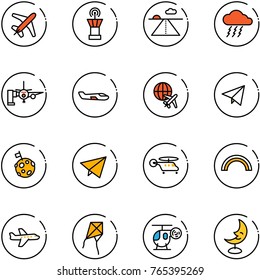 line vector icon set - plane vector, airport tower, runway, storm, boarding passengers, small, globe, paper fly, moon flag, helicopter, rainbow, kite, toy, lamp