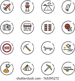 line vector icon set - plane vector, airport tower, runway, suitcase, duty free, seats, globe, customs road sign, rock axe, lounger, palm, tent, trailer