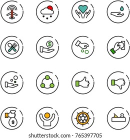 line vector icon set - plane radar vector, snowfall, heart care, drop hand, fork spoon plate, investment, cash pay, social, like, dislike, rich, success, wheel, jointer