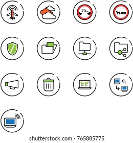 line vector icon set - plane radar vector, clouds, limited distance road sign, no cart horse, shield, folder, network, shared, loudspeaker, trash bin, statistics monitor, data exchange