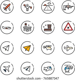 line vector icon set - plane vector, traffic controller, runway, boarding passengers, small, airport building, road sign, paper fly, helicopter, toy