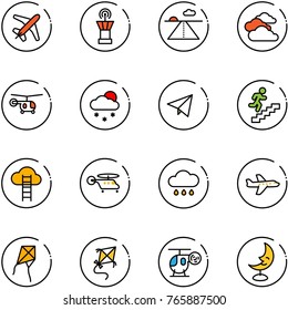 line vector icon set - plane vector, airport tower, runway, clouds, helicopter, snowfall, paper fly, career, cloud ladder, rain, kite, toy, moon lamp