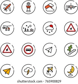 line vector icon set - plane vector, airport tower, clouds, boarding passengers, helicopter, christmas landscape, snowfall, road sign, abrupt turn right, no bus, paper fly, career, storm, kite