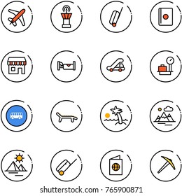 line vector icon set - plane vector, airport tower, suitcase, passport, duty free, hotel, trap truck, baggage scales, bus road sign, lounger, palm, mountains, pyramid, axe