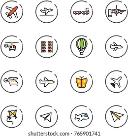 line vector icon set - plane vector, departure, baggage truck, boarding passengers, helicopter, seats, air balloon, butterfly, kite, paper, toy