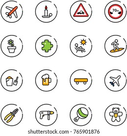 line vector icon set - plane vector, candle, car crash road sign, limited distance, flower pot, puzzle, beach, surfing, bucket scoop, beer, skateboard, pliers, drill machine, beanbag, bear toy