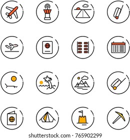 line vector icon set - plane vector, airport tower, runway, suitcase, departure, passport, seats, schedule, lounger, palm, mountains, tent, sand castle, axe
