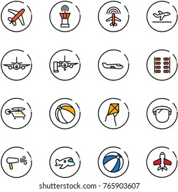line vector icon set - plane vector, airport tower, radar, departure, boarding passengers, small, seats, helicopter, ball, kite, protect glass, dryer, toy, beach