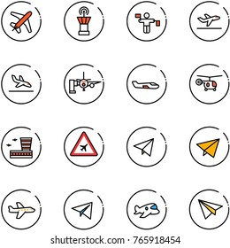 line vector icon set - plane vector, airport tower, traffic controller, departure, arrival, boarding passengers, small, helicopter, building, road sign, paper fly, toy