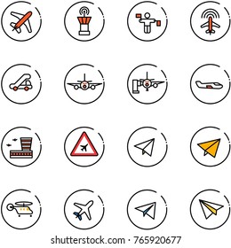 line vector icon set - plane vector, airport tower, traffic controller, radar, trap truck, boarding passengers, small, building, road sign, paper fly, helicopter