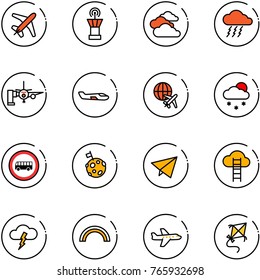 line vector icon set - plane vector, airport tower, clouds, storm, boarding passengers, small, globe, snowfall, no bus road sign, moon flag, paper fly, cloud ladder, rainbow, kite