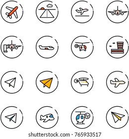 line vector icon set - plane vector, runway, departure, boarding passengers, small, helicopter, airport building, paper fly, toy