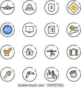 line vector icon set - plane vector, cake, safe, main road sign, minimal speed limit, monitor cursor, list, key hand, check, home dollar, opening, suitcase, tile drill, boomerang, shovel bucket