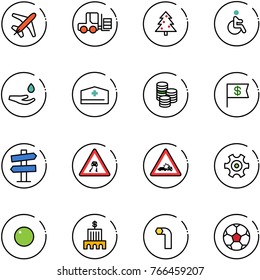 line vector icon set - plane vector, fork loader, christmas tree, disabled, drop hand, doctor hat, coin, dollar flag, road signpost sign, slippery, car crash, gear, record, bank building, allen key