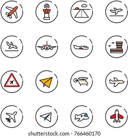 line vector icon set - plane vector, airport tower, runway, departure, arrival, small, building, road sign, paper fly, helicopter, toy
