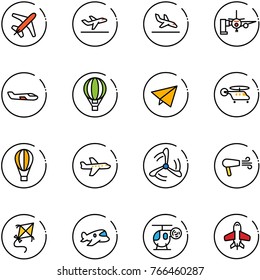 line vector icon set - plane vector, departure, arrival, boarding passengers, small, air balloon, paper fly, helicopter, wind mill, dryer, kite, toy