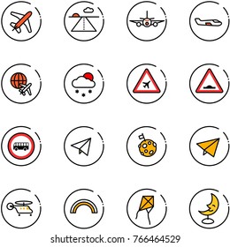 line vector icon set - plane vector, runway, small, globe, snowfall, airport road sign, artificial unevenness, no bus, paper fly, moon flag, helicopter, rainbow, kite, lamp