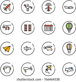 line vector icon set - plane vector, traffic controller, radar, small, helicopter, seats, schedule, air balloon, paper fly, protect glass, dryer, kite, toy
