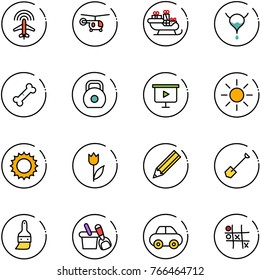line vector icon set - plane radar vector, helicopter, santa sleigh, bladder, broken bone, weight, presentation board, sun, tulip, pencil, shovel, brush, bucket, car, Tic tac toe