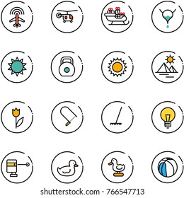 line vector icon set - plane radar vector, helicopter, santa sleigh, bladder, sun, weight, pyramid, tulip, fretsaw, rake, bulb, laser lever, duck toy, basketball