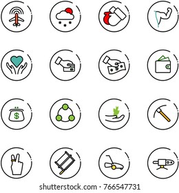 line vector icon set - plane radar vector, snowfall, gloves, power hand, heart care, card pay, cash, wallet, purse, social, sproute, rock axe, victory, bucksaw, lawn mower, pipe welding