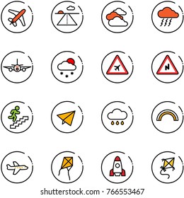 line vector icon set - plane vector, runway, clouds, storm, snowfall, airport road sign, abrupt turn right, career, paper fly, rain cloud, rainbow, kite, rocket