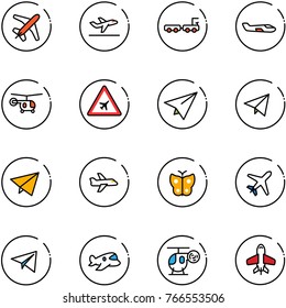 line vector icon set - plane vector, departure, baggage truck, small, helicopter, airport road sign, paper, fly, butterfly, toy