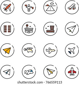 line vector icon set - plane vector, traffic controller, runway, trap truck, seats, airport building, paper, fly, helicopter, toy