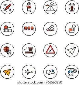 line vector icon set - plane vector, airport tower, runway, radar, baggage, waiting area, trap truck, scales, globe, building, road sign, paper, fly, toy, helicopter