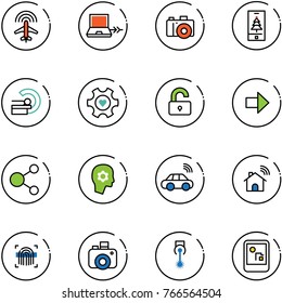 line vector icon set - plane radar vector, netabook connect, camera, christmas mobile, mri, heart gear, unlocked, right arrow, share, brain work, car wireless, home, fingerprint scanner, laser