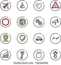line vector icon set - plane vector, christmas tree, heart, round motion road sign, prohibition, globe, gear, telescope, map pin, car, chart point arrow, growth, piston, micro flash card, beanbag