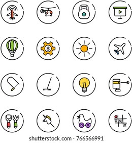 line vector icon set - plane radar vector, helicopter, weight, presentation board, air balloon, money managemet, sun, fretsaw, rake, bulb, laser lever, shovel fork toy, unicorn stick, duck