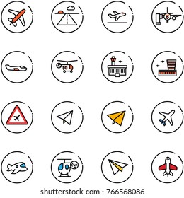 line vector icon set - plane vector, runway, departure, boarding passengers, small, helicopter, airport building, road sign, paper fly, toy