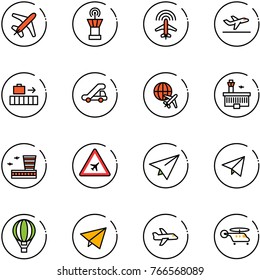 line vector icon set - plane vector, airport tower, radar, departure, baggage, trap truck, globe, building, road sign, paper, fly, air balloon, helicopter