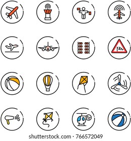 line vector icon set - plane vector, airport tower, traffic controller, radar, departure, seats, side wind road sign, ball, air balloon, kite, mill, dryer, helicopter toy, beach