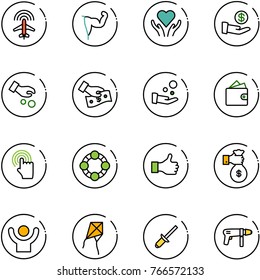 line vector icon set - plane radar vector, power hand, heart care, investment, cash pay, wallet, cursor, friends, like, rich, success, kite, clinch, drill machine