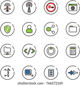 line vector icon set - plane radar vector, antenna, no truck overtake road sign, browser globe, shield, user, share, folder, network, tag code, standby, calculator, bezier, monoblock pc, chip